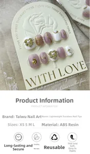 Size chart for handmade leopard press-on nails with lavender heart and pearl details