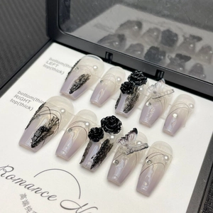 Handmade lavender gradient press-on nails with 3D black roses and butterfly pearls
