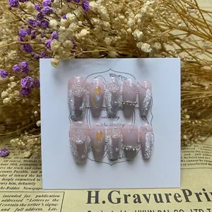 Handmade gradient French press-on nails with 3D rose, pearls, and sparkling glitter decor