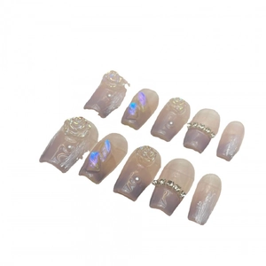 Handmade gradient purple press-on nails with 3D resin roses, pearls and crystal accents