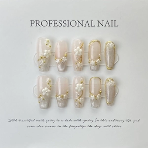 Handmade French Cherry Blossom Cat Eye Press On Nails With 3D Relief Flower Artificial Pearls Shimmering Silver Fake Nails For Women