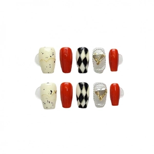 Handmade wine red press-on nails with black-white diamond pattern and pearl heart gems