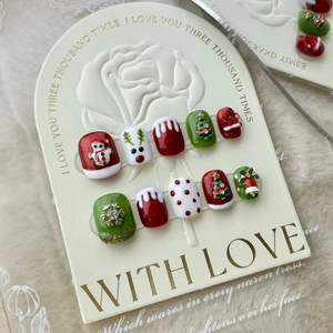 Faux Ongles de Noël Faits à la Main 3D Renne Bonhomme de Neige Flocon de Neige Rouge Vert Blanc Perle Artificielle Strass