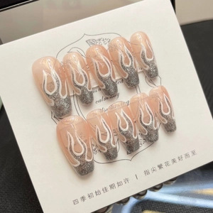 Handcrafted Aurora Flame Bear Press On Nails Sweet Cool Nude Pink Silver Glitter Long Coffin Shape Wearable False Nails