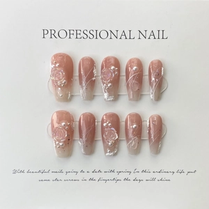Handmade gradient press-on nails with 3D camellia flowers and pearl accents