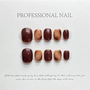 Handmade Caramel Amber Marble Press On Nails Short Square Round Glossy Glue On Nails For Women Autumn Winter Fashion Jewelry