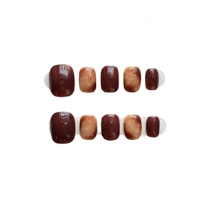Short square press-on toenails with burgundy and amber marble texture design