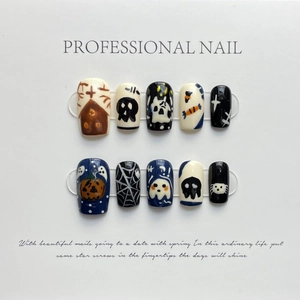 Hand-Painted Trick Or Treat Halloween Press-On Nails Set With Pumpkin Ghost Skull Design Resin Fake Nails Kit For Women