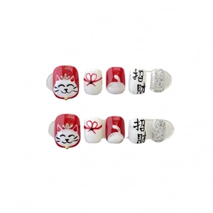 Unghie finte artigianali Maneki Neko rosse e bianche con glitter e disegni di gatti