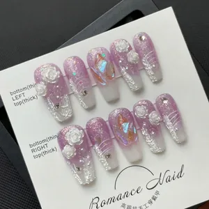 Handmade light purple gradient press-on nails with 3D roses and glitter shimmer