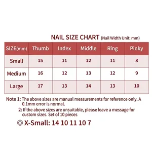 Size chart for red French carved zircon press-on nails in small, medium, and large sizes