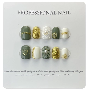 Handmade sage green and cream 3D relief press-on nails with gold floral and pearl detail