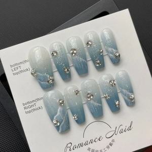 Handmade Blue Ocean Smudge Press On Nails With Rhinestones Silver Glitter Gradient Coffin False Nails For Women Daily Party