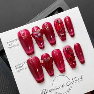 Handgefertigte Rosenrot Katzenauge Press On Nägel Mit Elegantem Herz Strass Luxus Burgund Kunstnägel Für Hochzeit Party Damen