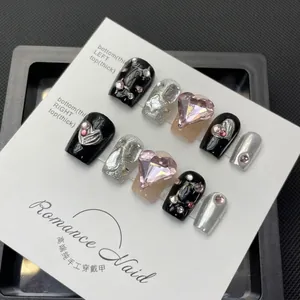 Handmade Press On Nails Set Pink Heart Diamond Black Silver Sweet Cool Style Square Short Fake Nails For Women Girls