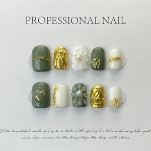 Olive green and cream white press-on nails with 3D pearl flowers and gold foil accents