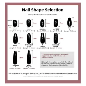 Detailed size guide for handmade press-on nails featuring various shapes and measurements