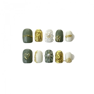 Japanese 3D relief press-on nails with olive green, cream white, gold lines and pearls