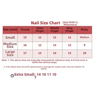 Detailed size chart for press-on nails showing measurements from XS to L in millimeters
