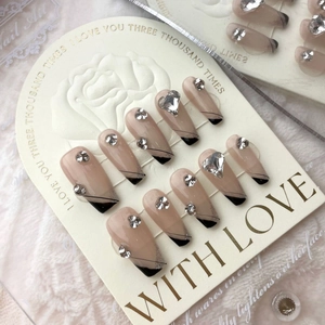 Faux Ongles Faits Main French Noirs Avec Strass Cœur Pailletés Forme Cercueil de Luxe pour Femmes 10 Pièces
