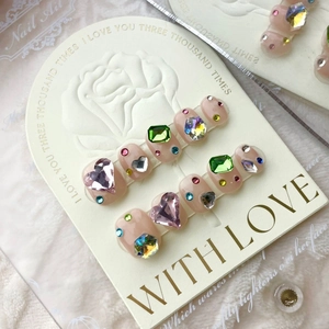 Handmade Press On Nails Set Pink Heart Rhinestone Emerald Cut Gemstone Luxury Short Round Long Coffin Fake Nails For Women