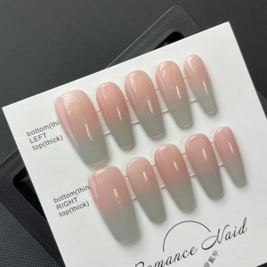 Handmade Gradient Press On Nails Pink Gray Blue Ombre Long Coffin Fake Nails 10Pcs Set For Wedding Bride Women Nail Art
