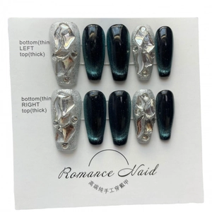 Handmade emerald cat eye press-on nails set with irregular geometric gemstones