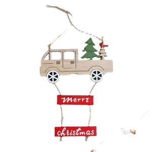Festive wooden Christmas truck hanging ornament with trees and Merry Christmas sign
