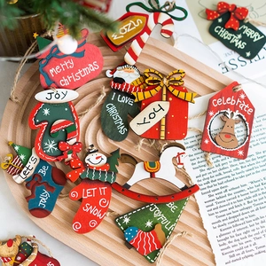 Vintage Christmas Wooden Hanging Ornaments Rustic Tree Pendants Reindeer Snowman Santa Wood Slices Holiday Home Decor