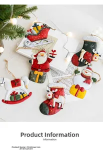 Detailed view of colorful iron Christmas ornaments with Santa and reindeer motifs
