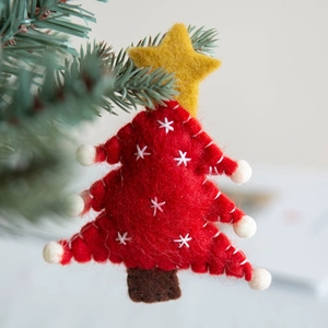 Handmade red wool felt Christmas tree ornament with star embroidery and white pom-pom edges