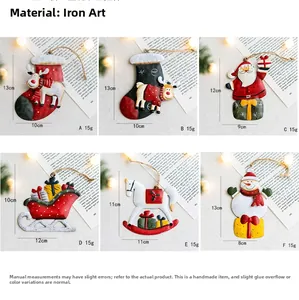 Detailed view of six vintage painted iron Christmas ornaments in festive holiday scene