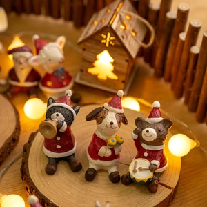Miniature Christmas resin animals set with cat, dog and bear figurines on wooden stand