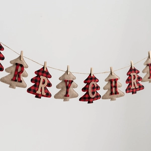 Christmas buffalo plaid and burlap tree bunting banner with Merry Christmas letters