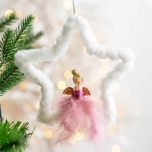 Rosa Engel-Anhänger mit Goldflügeln im weißen Plüschstern für den Weihnachtsbaum