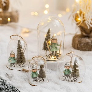 Nordic glass Christmas tree night light with XMAS figurines and warm LED snow scene