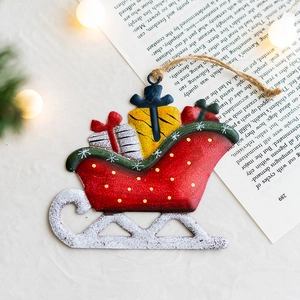 Christmas sleigh metal ornaments with snowflake patterns and jute rope for tree decoration