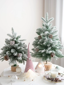 Desktop Flocked Christmas Tree Natural Pinecones Wooden Base Simulation Snow Tree Mini Holiday Party Home Office Decor