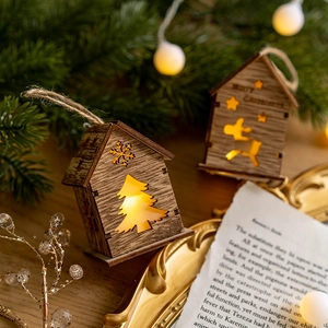 Luminous Christmas wooden house ornament with reindeer and Merry Christmas engraving