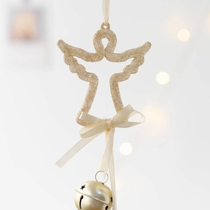 Golden Christmas angel ornament with glitter finish, silk bow, and star cutout bell