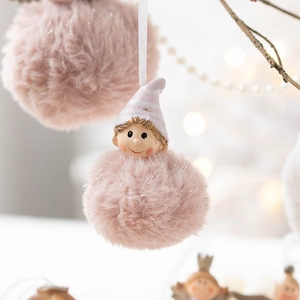 Pink plush angel girl ornament with faux fur and striped hat for Christmas decor