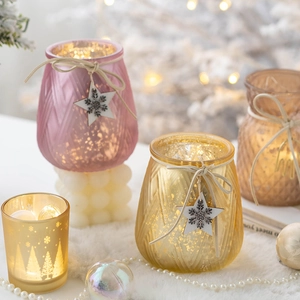 Portacandele natalizio in vetro con ciondolo a stella e calda illuminazione a LED