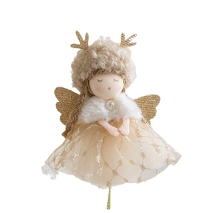 Christmas angel doll with deer antlers, mesh dress and sparkling wings for tree decoration