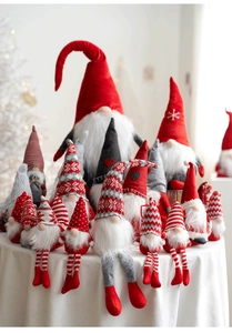 Close-up of Nordic Christmas gnomes with knit hats and white beards in festive holiday decor