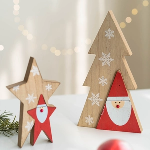 Wooden Christmas tree and star tabletop ornaments with Santa Claus and snowflake patterns