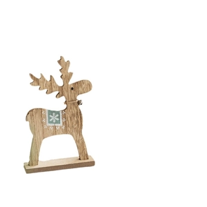 Nordic wooden reindeer desk ornament with metal bell and green snowflake pattern