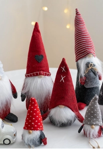 Detailed view of plush Christmas gnomes with knitted hats and long white faux fur beards