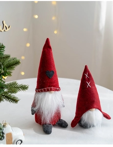 Detailed view of two Christmas gnomes with red felt hats and long white fluffy beards