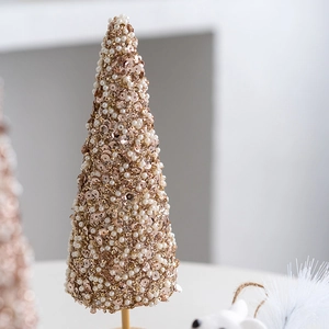 Champagne mini Christmas tree with sequins and pearls for elegant tabletop decor