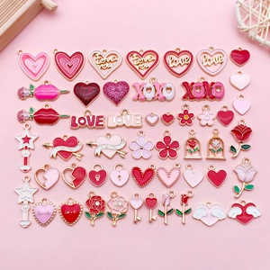 Enamel Drip Oil Pink Heart Rose Love Letter Pendants For DIY Necklace Bracelet Jewelry Making Valentine's Gift